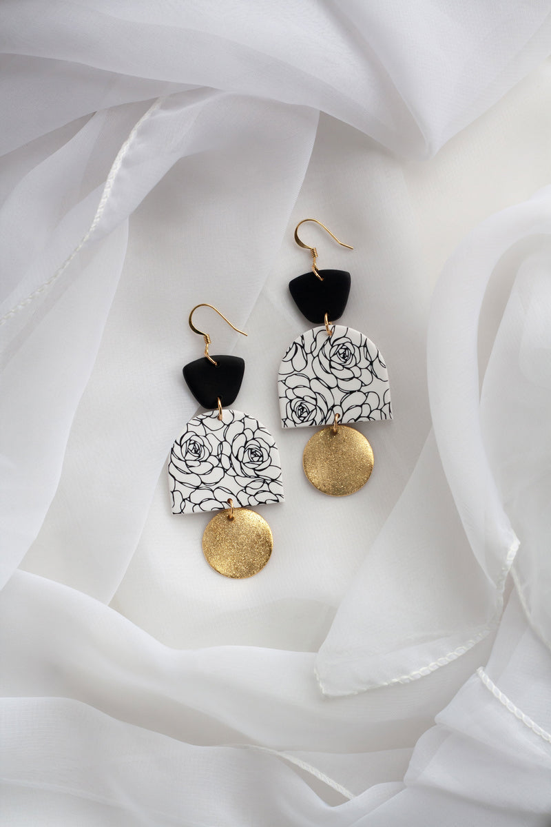 Bella Black Peony Lace Clay Earrings