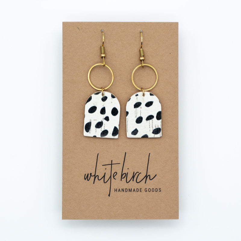 Black and White Polka Dot Cork Leather with Brass Circle Earrings