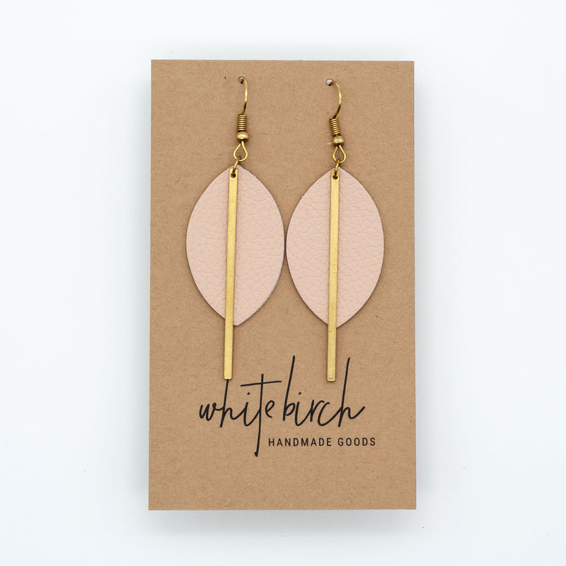 Blush Pink Petal Leather and Brass Bar Earrings