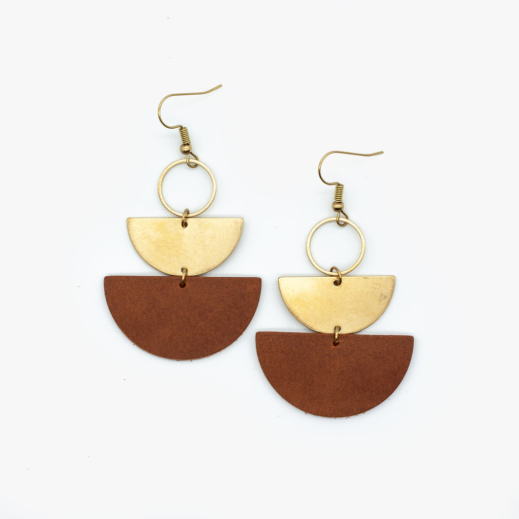 Brown Leather & Brass Stacked Half Moon Dangle Earrings