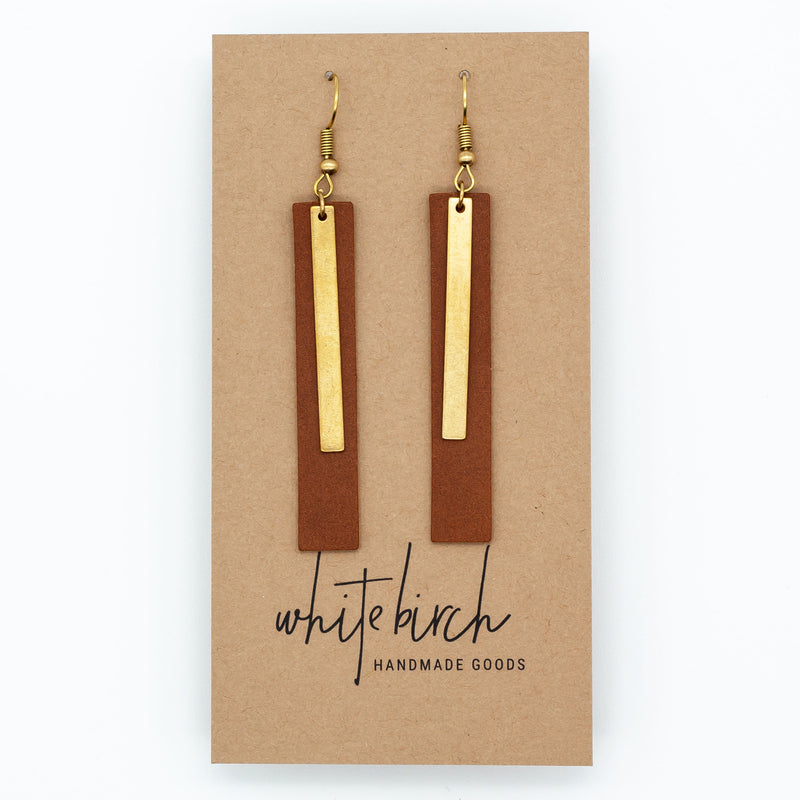 Brown Rectangular Bar Leather Earrings with Brass Bar Accent