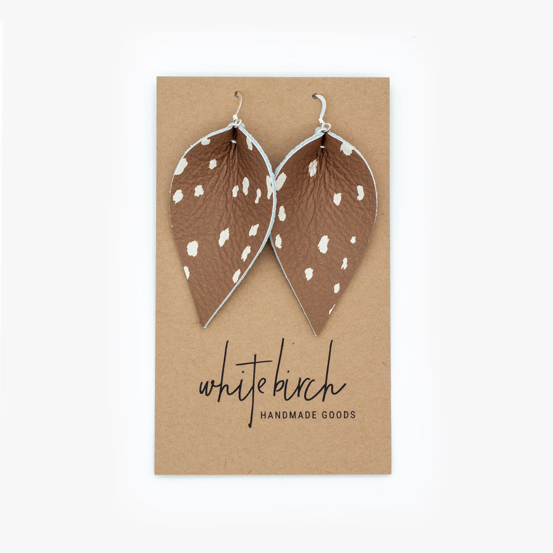 Deer Fawn Print Leather Leaf Earrings