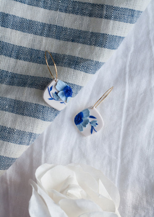 Delft Blue Drop Floral Earrings