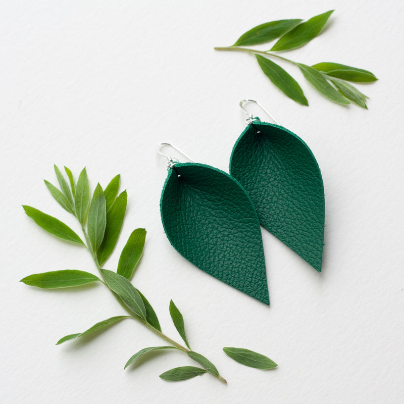 Leather Leaf Earrings - Emerald Green