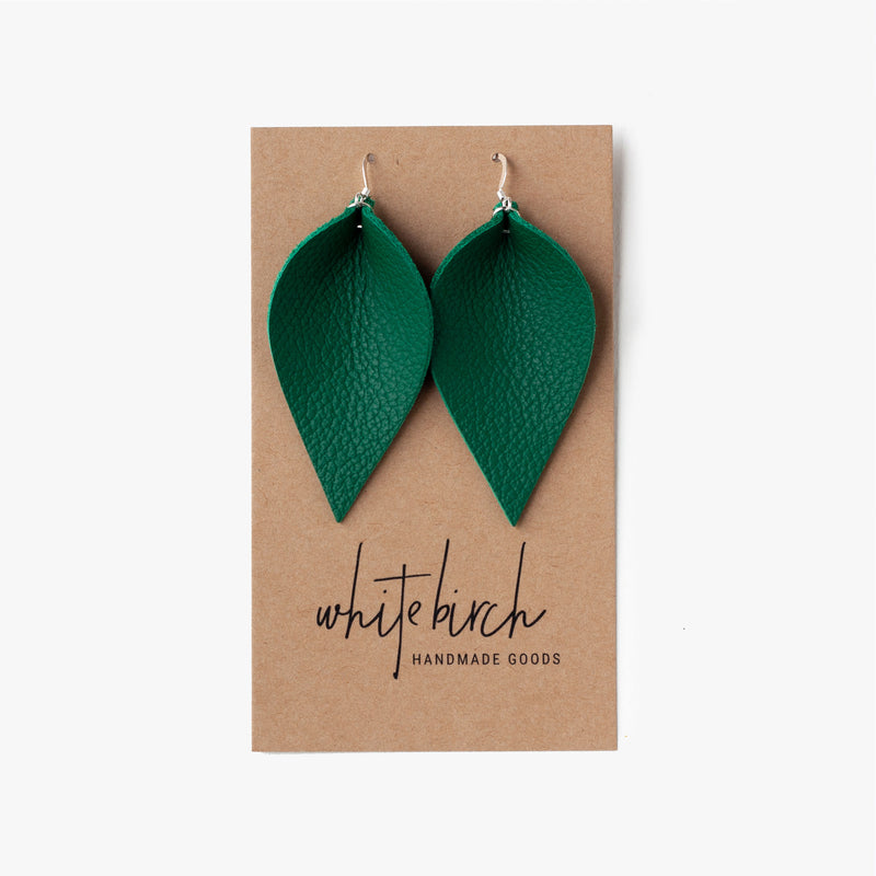 Leather Leaf Earrings - Emerald Green