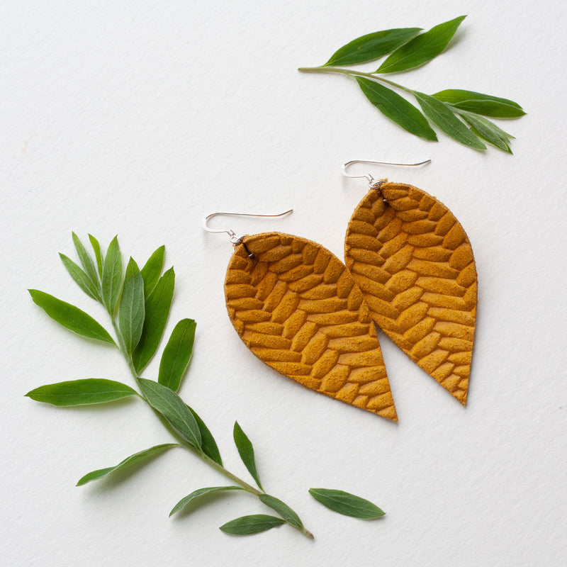 Braided Leather Leaf Earrings - Goldenrod Yellow