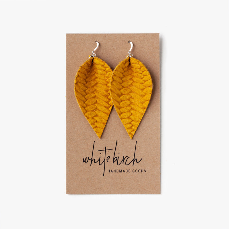 Braided Leather Leaf Earrings - Goldenrod Yellow