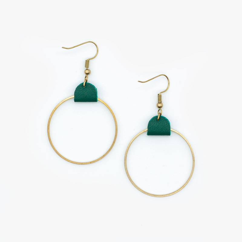Green Leather & Brass Circle Earrings
