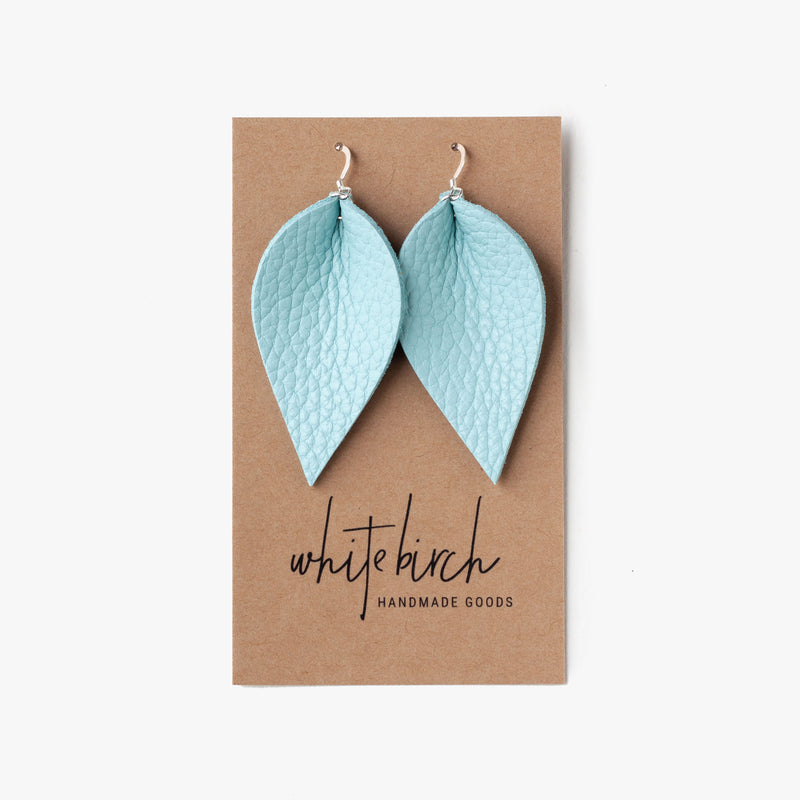 Leather Leaf Earrings - Mint Blue