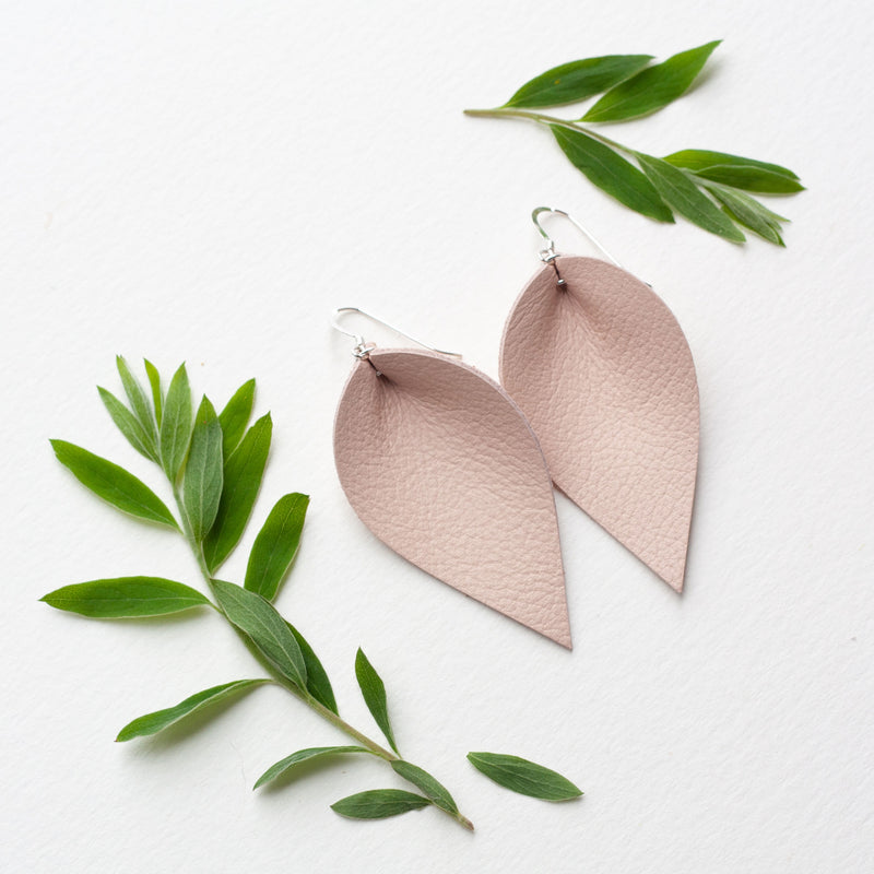 Leather Leaf Earrings - Nude Pink