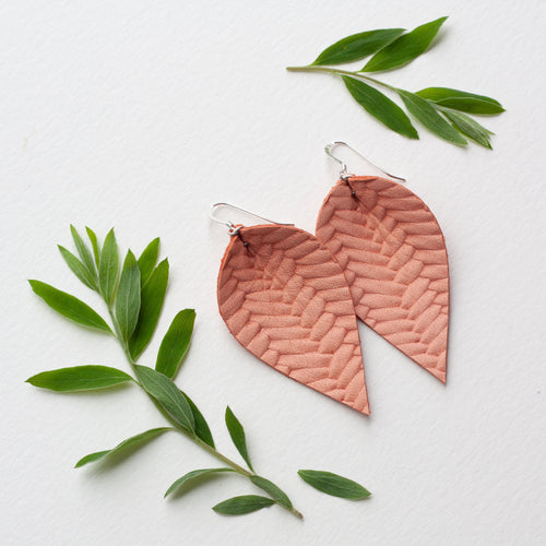 Braided Leather Leaf Earrings - Peach