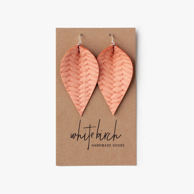 Braided Leather Leaf Earrings - Peach