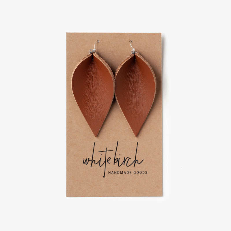 Leather Leaf Earrings - Pecan Brown