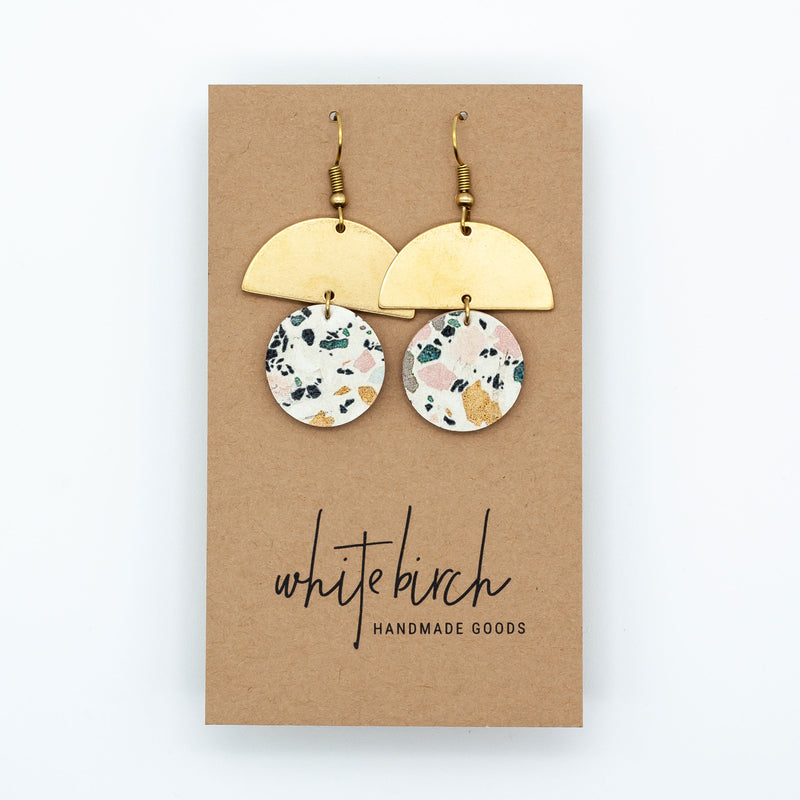 Terrazzo Cork Leather Small Circle & Brass Half Circle Stacked Earrings
