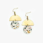 Terrazzo Cork Leather Small Circle & Brass Half Circle Stacked Earrings