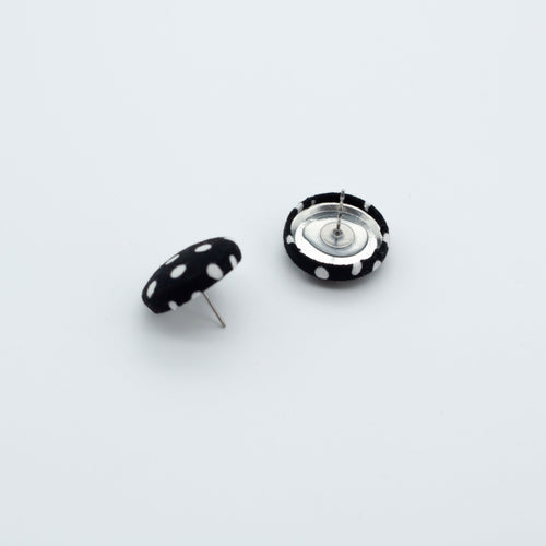 Vintage Fabric Stud Earrings - Black with White Polka Dots