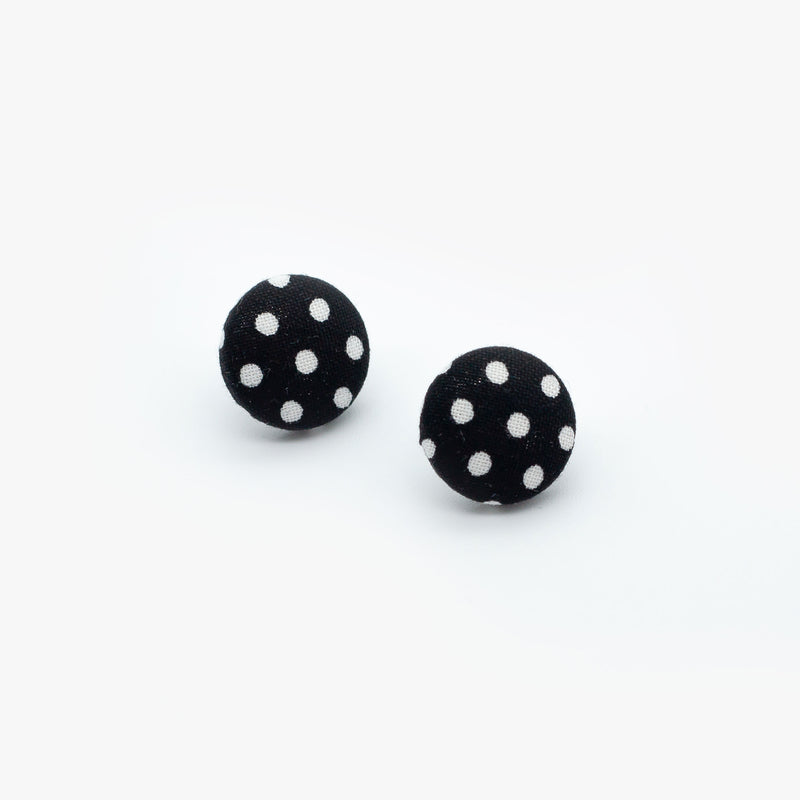 Vintage Fabric Stud Earrings - Black with White Polka Dots